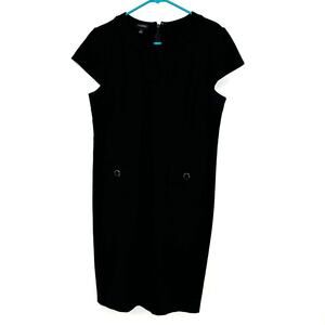 Talbots Size 6 Dress Black Short Sleeve Sheath Button Pockets Zip Up Solid Basic